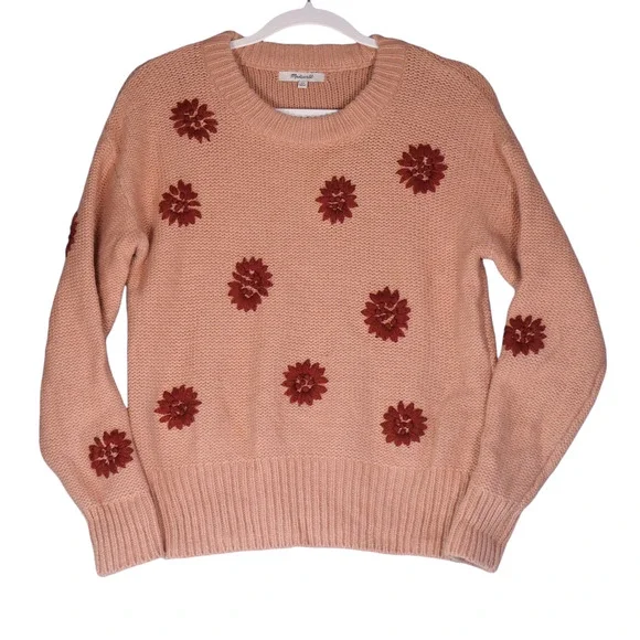 Madewell Sweater Womens XS Pink Wool Alpaca Blend Embroidered Flowers Boho - Picture 1 of 7